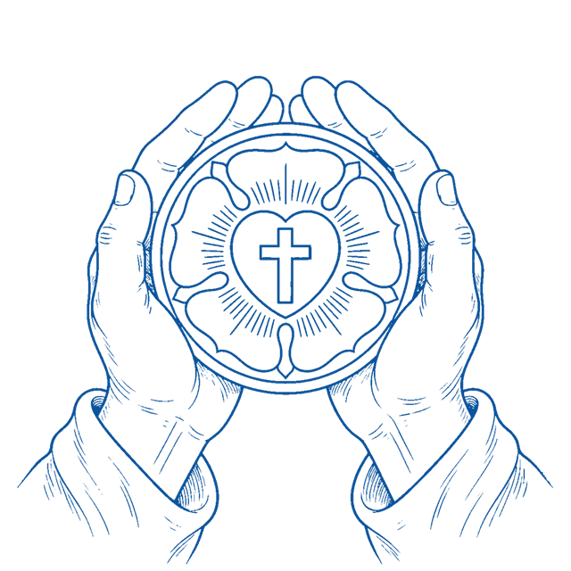 Outline illustration of hands holding a Luther rose in prayer.